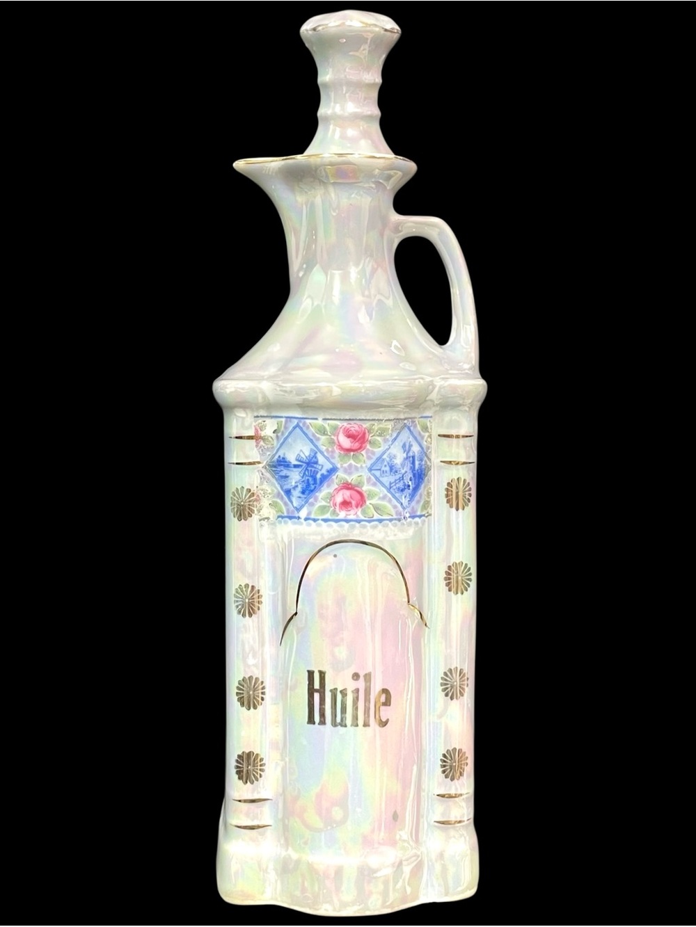 Antique 1920s Art Deco French Porcelain Oil Cruet - Iridescent Floral